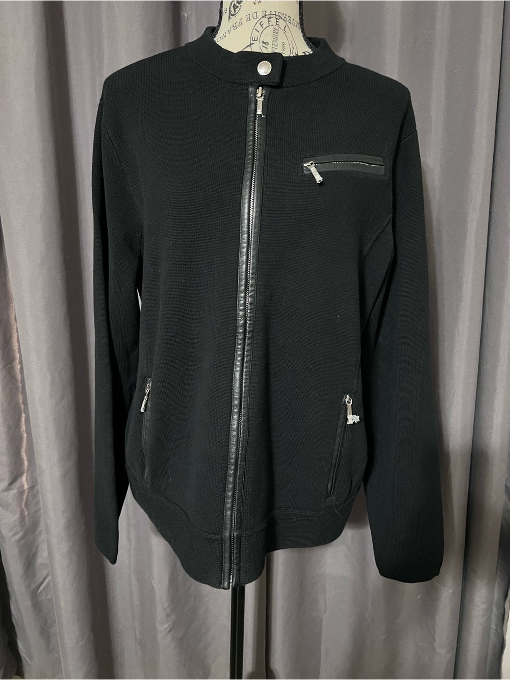 Lauren Ralph Lauren Black Cotton Knit Moto Jacket Leather Trim XL